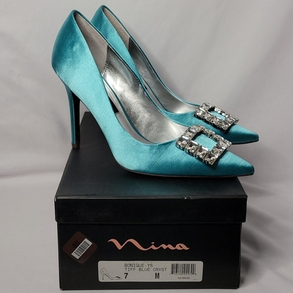 𝅺Nina Women's Tiffany Blue Cristal Embellish Satin High Heel Size 7 Shoes